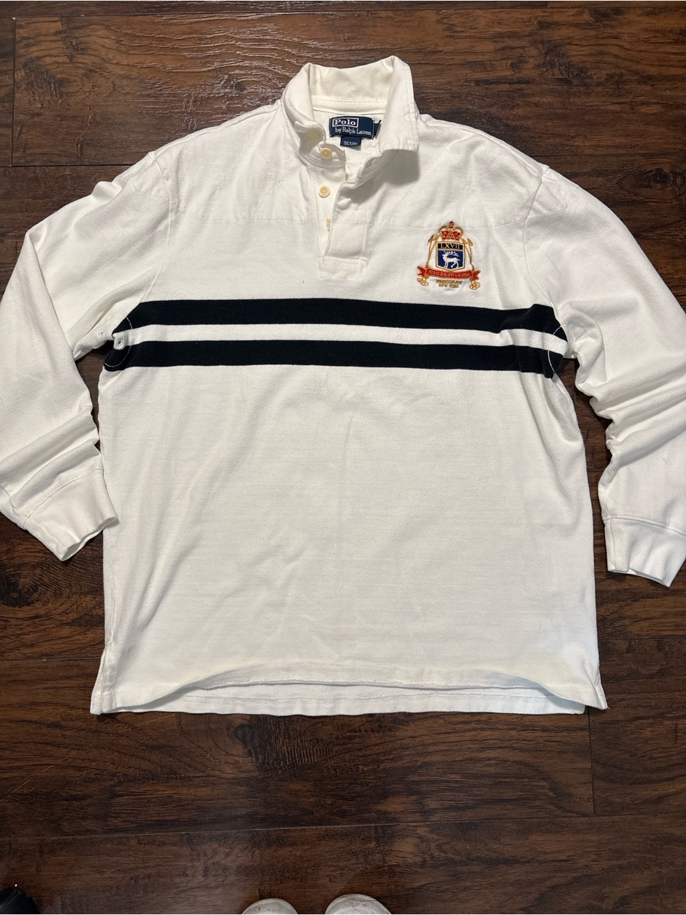 Vintage Ralph Lauren White Long-Sleeve Rugby Shirt with Navy Stripes and Crest